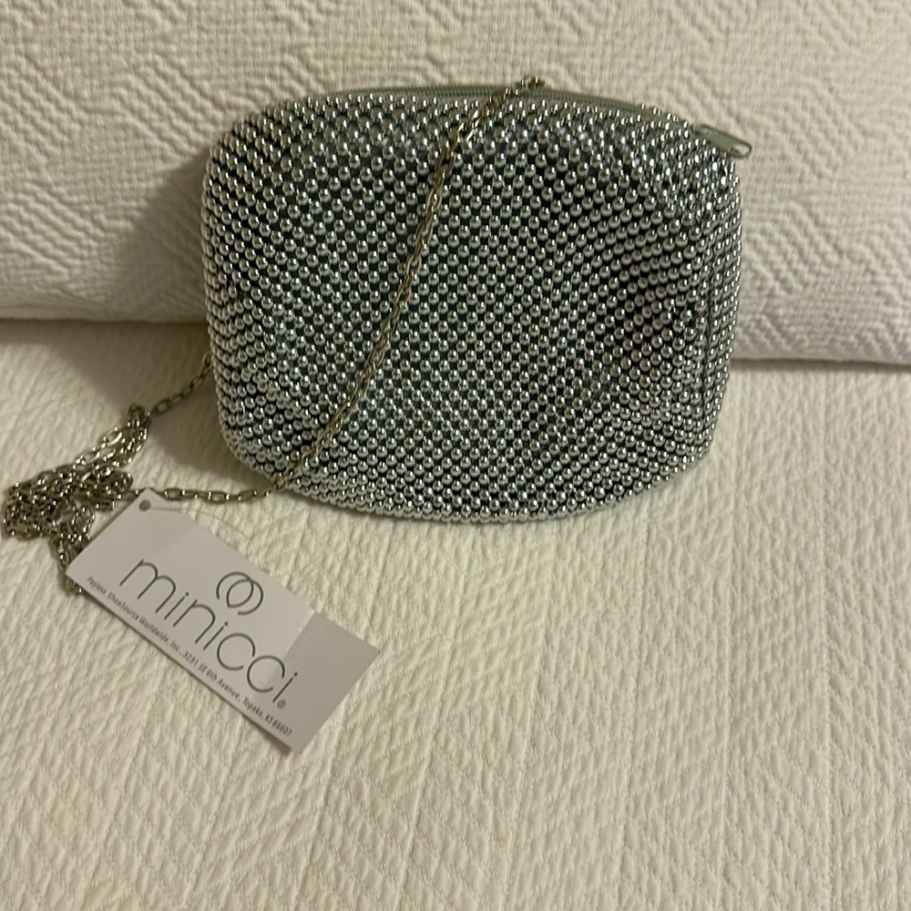 Minica Silver Beaded Crossbody Evening Bag NWT